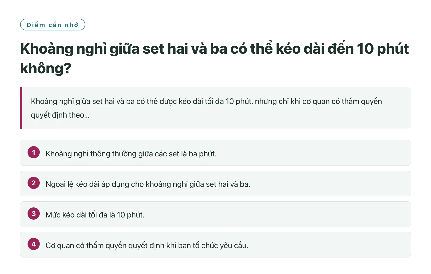 Khoảng nghỉ giữa set hai và ba có thể kéo dài đến 10 phút không?——全文要点速览
